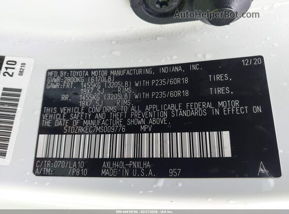 5TDZRKEC7MS009776 2021 TOYOTA LIMITED White ძრავის განყოფილების ხედი