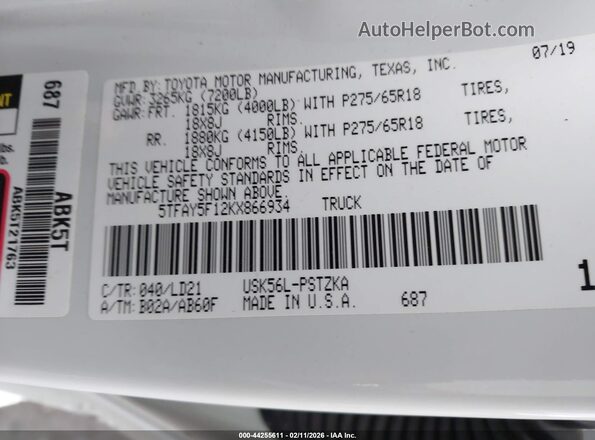 5TFAY5F12KX866934 2019 TOYOTA TUNDRA White Engine compartment view