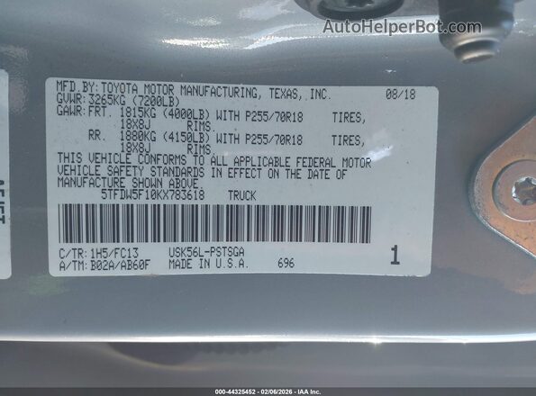 5TFDW5F10KX783618 2019 TOYOTA TUNDRA Серый Вид подкапотного пространства