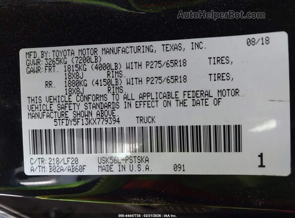 5TFDY5F13KX779394 2019 TOYOTA TUNDRA Black Շարժիչի բաժամունքի տեսք
