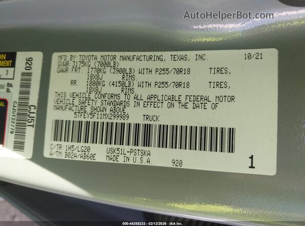 5TFEY5F11MX299989 2021 TOYOTA TUNDRA Серый Вид подкапотного пространства