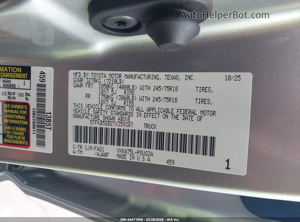 5TFKB5DB2TX359387 2026 TOYOTA TUNDRA Silver Вид підкапотного простору