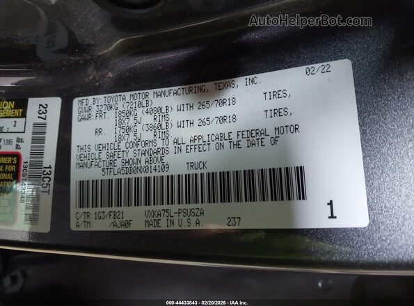 5TFLA5DB0NX014109 2022 TOYOTA TUNDRA Gray Vista del compartimento del motor