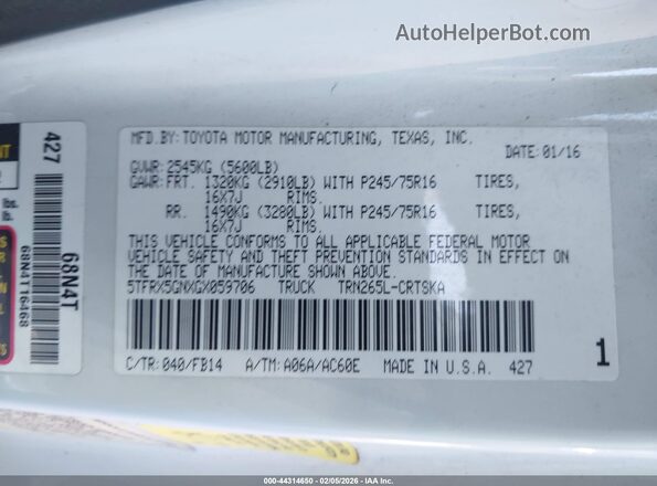 5TFRX5GNXGX059706 2016 TOYOTA TACOMA Белый Вид подкапотного пространства
