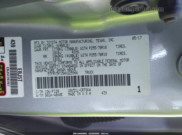 5TFRY5F15HX225966 2017 TOYOTA TUNDRA Серый Вид подкапотного пространства