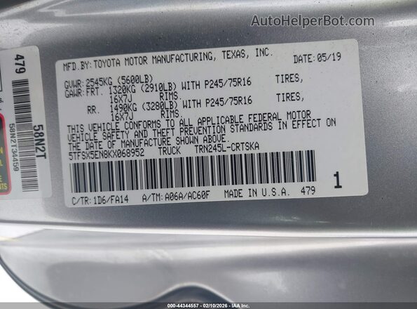 5TFSX5EN8KX068952 2019 TOYOTA TACOMA Silver ძრავის განყოფილების ხედი