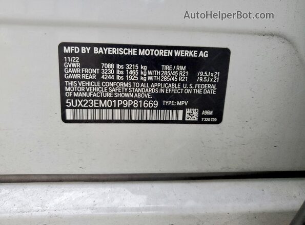 5UX23EM01P9P81669 2023 BMW X7 White Vista de la etiqueta del VIN