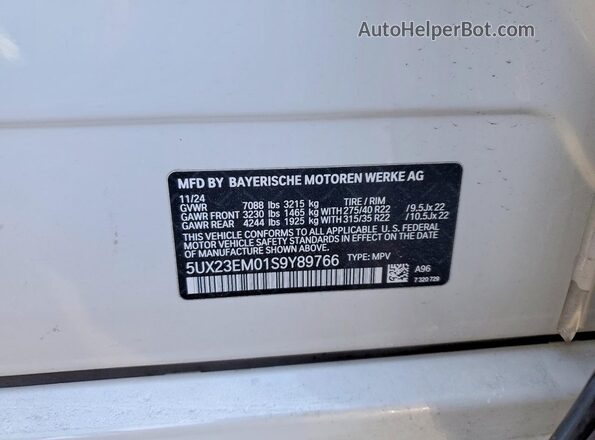 5UX23EM01S9Y89766 2025 BMW X7 White Widok naklejki z numerem VIN