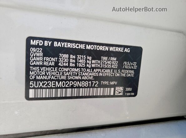 5UX23EM02P9N88172 2023 BMW X7 White VIN კოდის სტიკერის ხედი