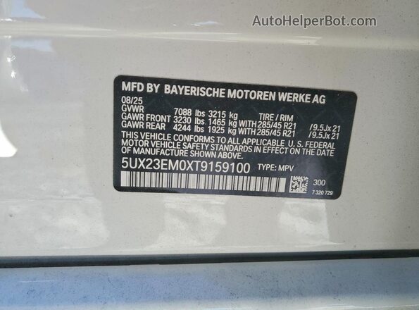5UX23EM0XT9159100 2026 BMW X7 White Widok naklejki z numerem VIN
