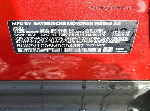 5UX2V1C06M9G94367 2021 BMW X4 Red Սալոնի 360 աստիճան տեսք