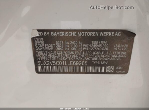 5UX2V5C01LLE69265 2020 BMW X4 White Widok komory silnika