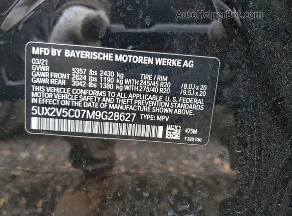 5UX2V5C07M9G28627 2021 BMW X4 Black Widok naklejki z numerem VIN