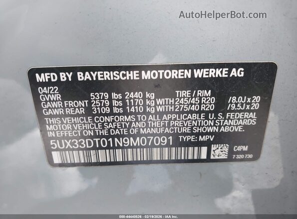 5UX33DT01N9M07091 2022 BMW X4 Gray Widok komory silnika