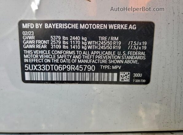 5UX33DT06P9R45790 2023 BMW X4 White Вид наклейки з VIN-кодом