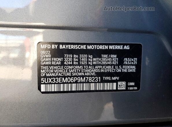 5UX33EM06P9M78231 2023 BMW X7 Silver VIN sticker view