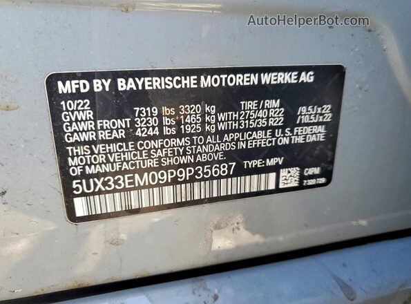 5UX33EM09P9P35687 2023 BMW X7 Gray Vista de la etiqueta del VIN