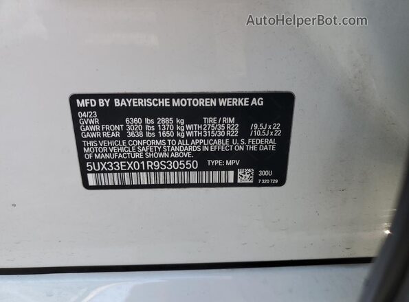 5UX33EX01R9S30550 2024 BMW X6 Белый Вид наклейки с VIN-кодом