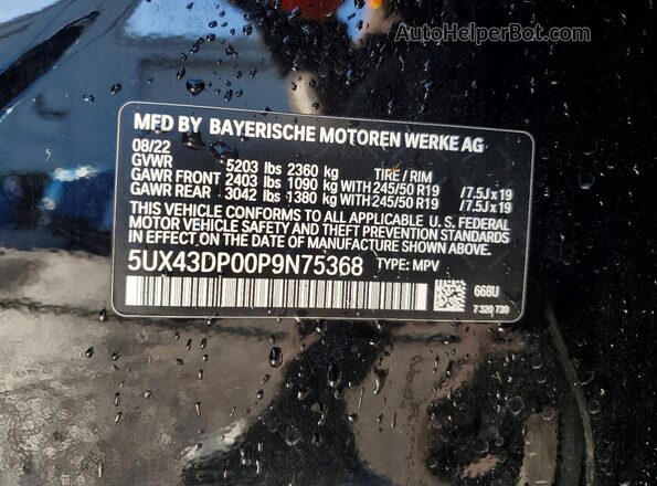5UX43DP00P9N75368 2023 BMW X3 Black Widok naklejki z numerem VIN