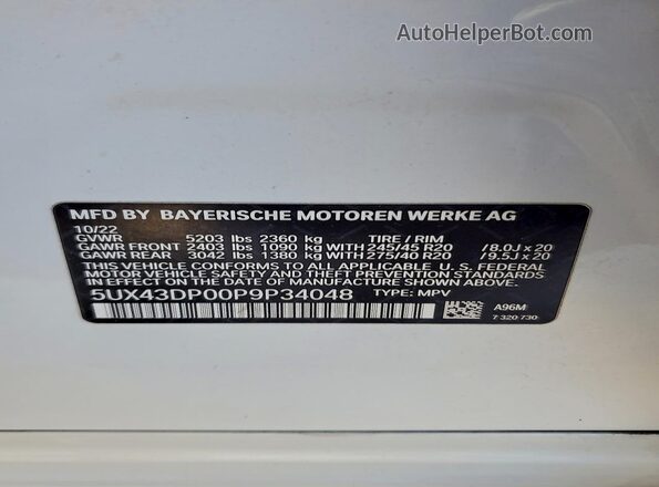 5UX43DP00P9P34048 2023 BMW X3 White Vista del compartimento del motor