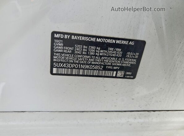 5UX43DP01N9K05852 2022 BMW X3 White სალონის 360-გრადუსიანი ხედი
