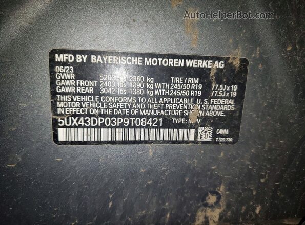 5UX43DP03P9T08421 2023 BMW X3 Silver VIN կոդի պիտակի տեսք