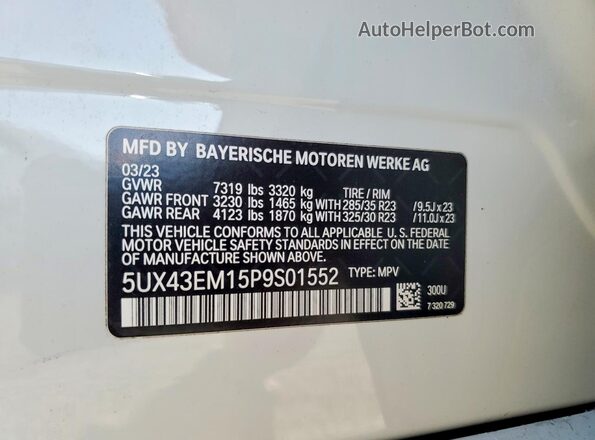 5UX43EM15P9S01552 2023 BMW X7 White Widok naklejki z numerem VIN