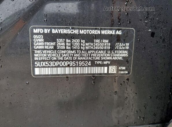 5UX53DP00P9S19524 2023 BMW X3 Черный Вид наклейки с VIN-кодом