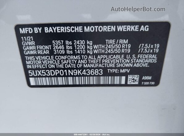 5UX53DP01N9K43683 2022 BMW X3 Белый Вид подкапотного пространства