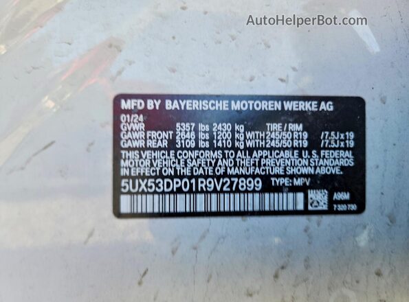 5UX53DP01R9V27899 2024 BMW X3 Белый Вид наклейки с VIN-кодом