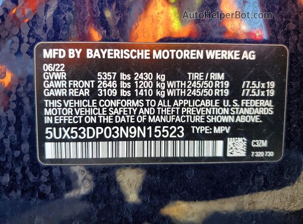 5UX53DP03N9N15523 2022 BMW X3 Синий Панорамный вид салона 360°