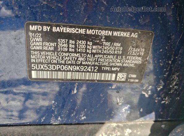 5UX53DP06N9K92412 2022 BMW X3 Синий Вид подкапотного пространства