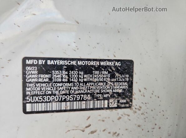 5UX53DP07P9S79784 2023 BMW X3 Белый Вид наклейки с VIN-кодом