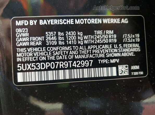 5UX53DP07R9T42997 2024 BMW X3 Charcoal Widok naklejki z numerem VIN