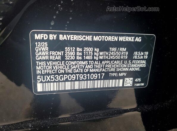 5UX53GP09T9310917 2026 BMW X3 Черный Панорамный вид салона 360°