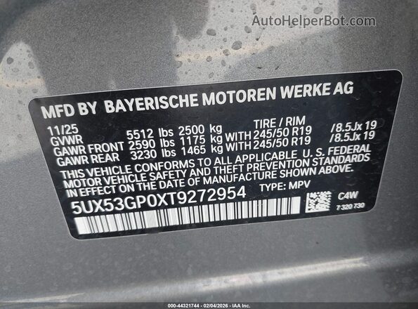 5UX53GP0XT9272954 2026 BMW X3 Gray Widok komory silnika