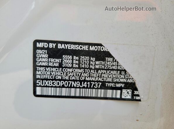 5UX83DP07N9J41737 2022 BMW X3 White VIN sticker view