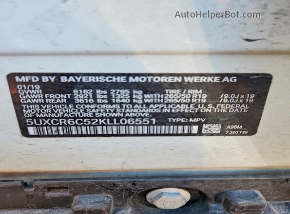 5UXCR6C52KLL06551 2019 BMW X5 Белый Панорамный вид салона 360°