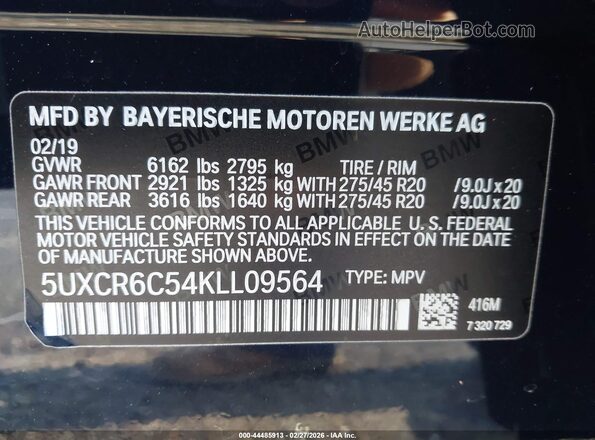 5UXCR6C54KLL09564 2019 BMW X5 Dark Blue Вид подкапотного пространства