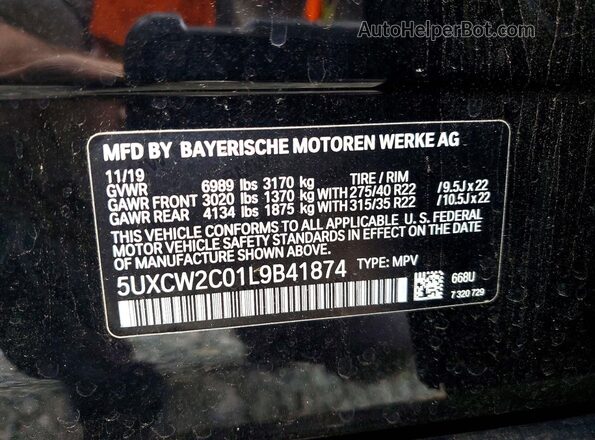 5UXCW2C01L9B41874 2020 BMW X7 Black Widok naklejki z numerem VIN
