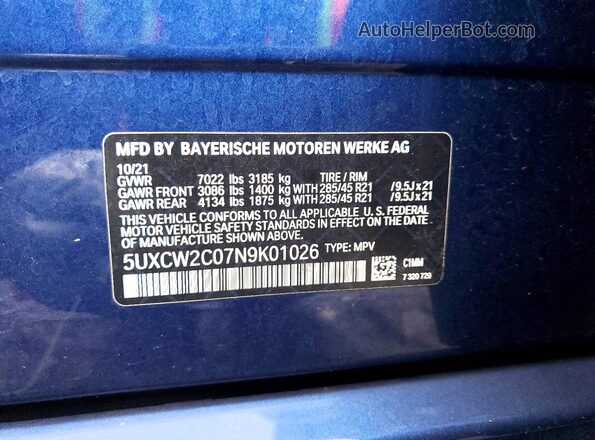 5UXCW2C07N9K01026 2022 BMW X7 Синий Вид наклейки с VIN-кодом