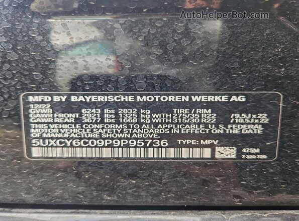 5UXCY6C09P9P95736 2023 BMW X6 Черный Вид наклейки с VIN-кодом