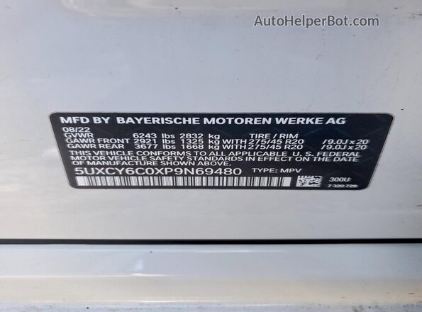 5UXCY6C0XP9N69480 2023 BMW X6 Белый Вид наклейки с VIN-кодом