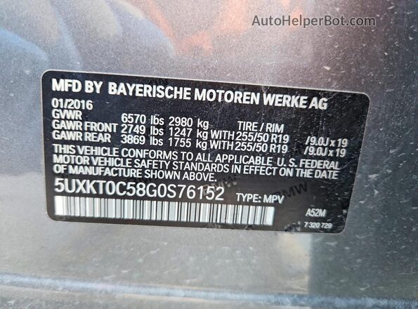 5UXKT0C58G0S76152 2016 BMW X5 Gray Widok naklejki z numerem VIN