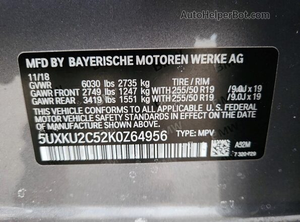 5UXKU2C52K0Z64956 2019 BMW X6 Gray Вид наклейки з VIN-кодом