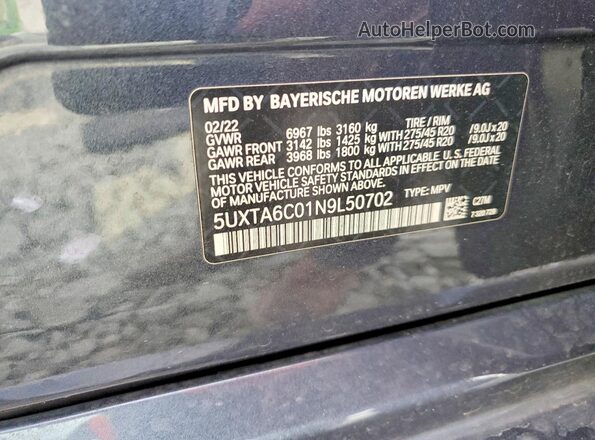 5UXTA6C01N9L50702 2022 BMW X5 Серый Вид наклейки с VIN-кодом