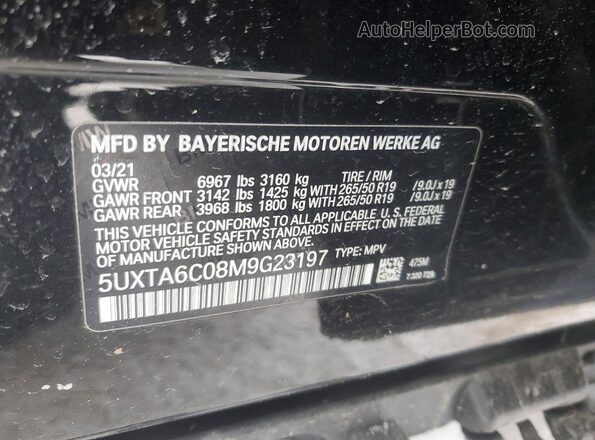 5UXTA6C08M9G23197 2021 BMW X5 Black Vista de la etiqueta del VIN