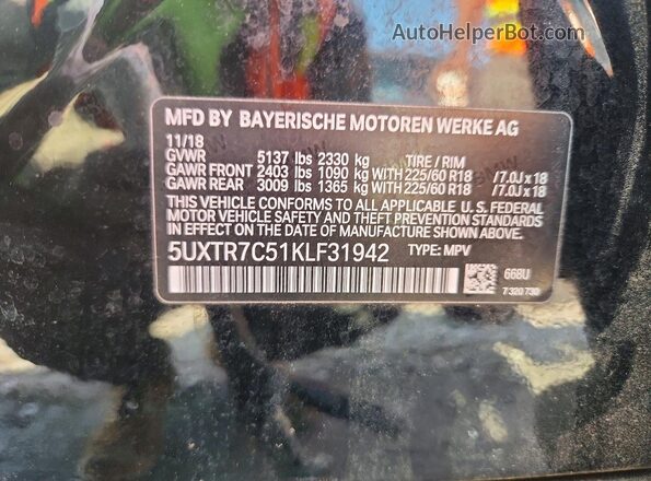 5UXTR7C51KLF31942 2019 BMW X3 Черный Вид наклейки с VIN-кодом