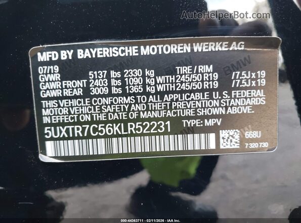 5UXTR7C56KLR52231 2019 BMW X3 Black Engine compartment view