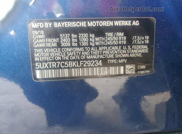 5UXTR7C58KLF29234 2019 BMW X3 Blue Widok naklejki z numerem VIN